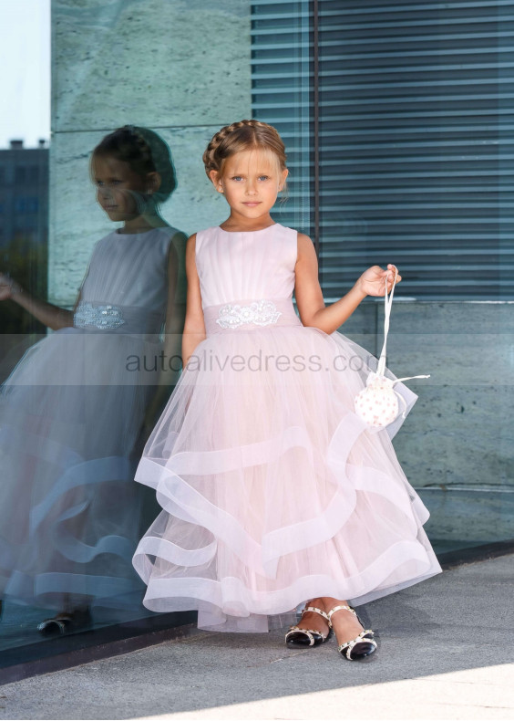 Light Pink Ruffle Tulle Horsehair Trim Sweet Flower Girl Dress Light Pink Ruffle Tulle Horsehair Trim Sweet Flower Girl Dress
